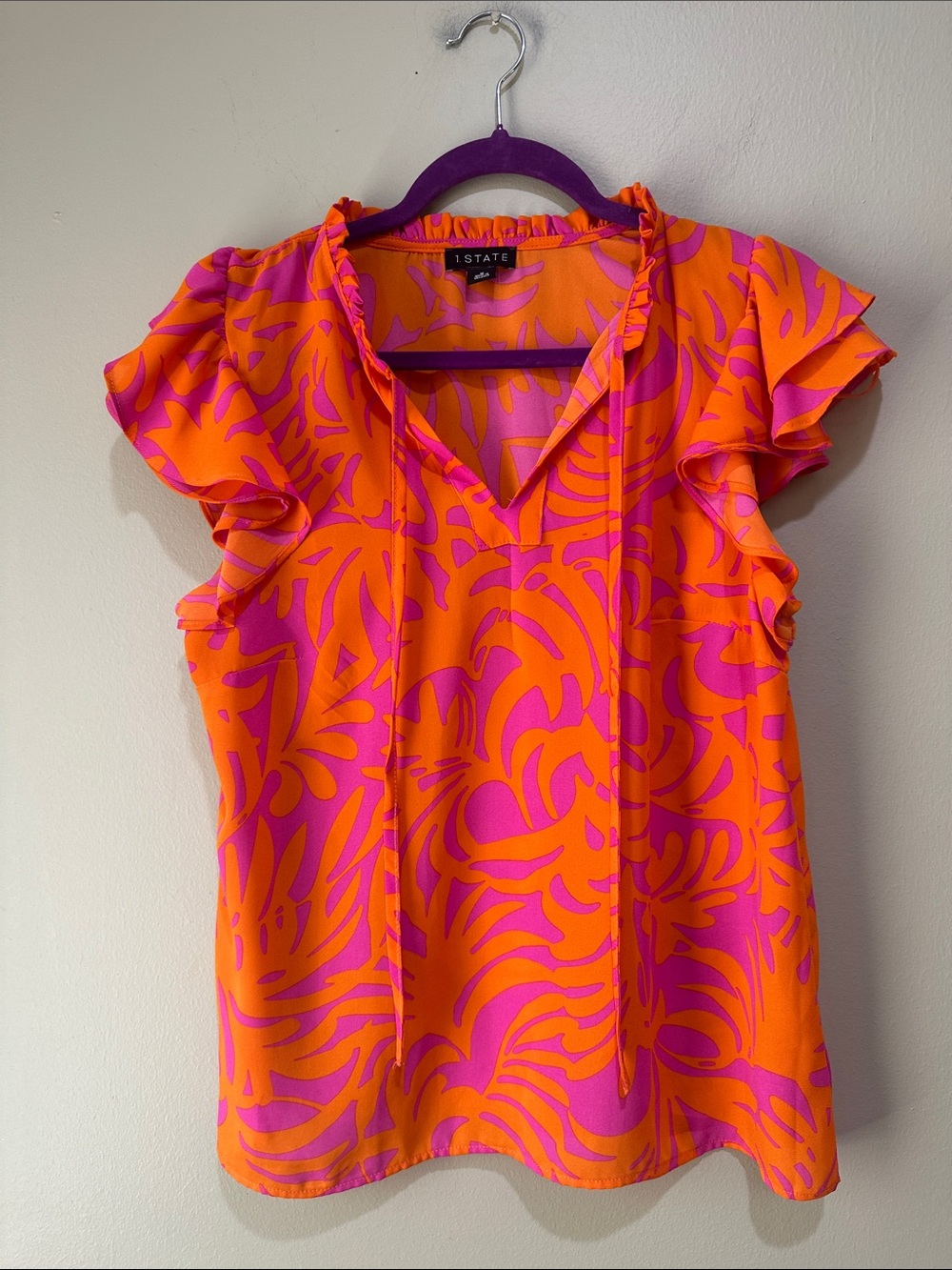🔥1. State Neon Pink and Orange Ruffle Sleeve V-Neck Blouse